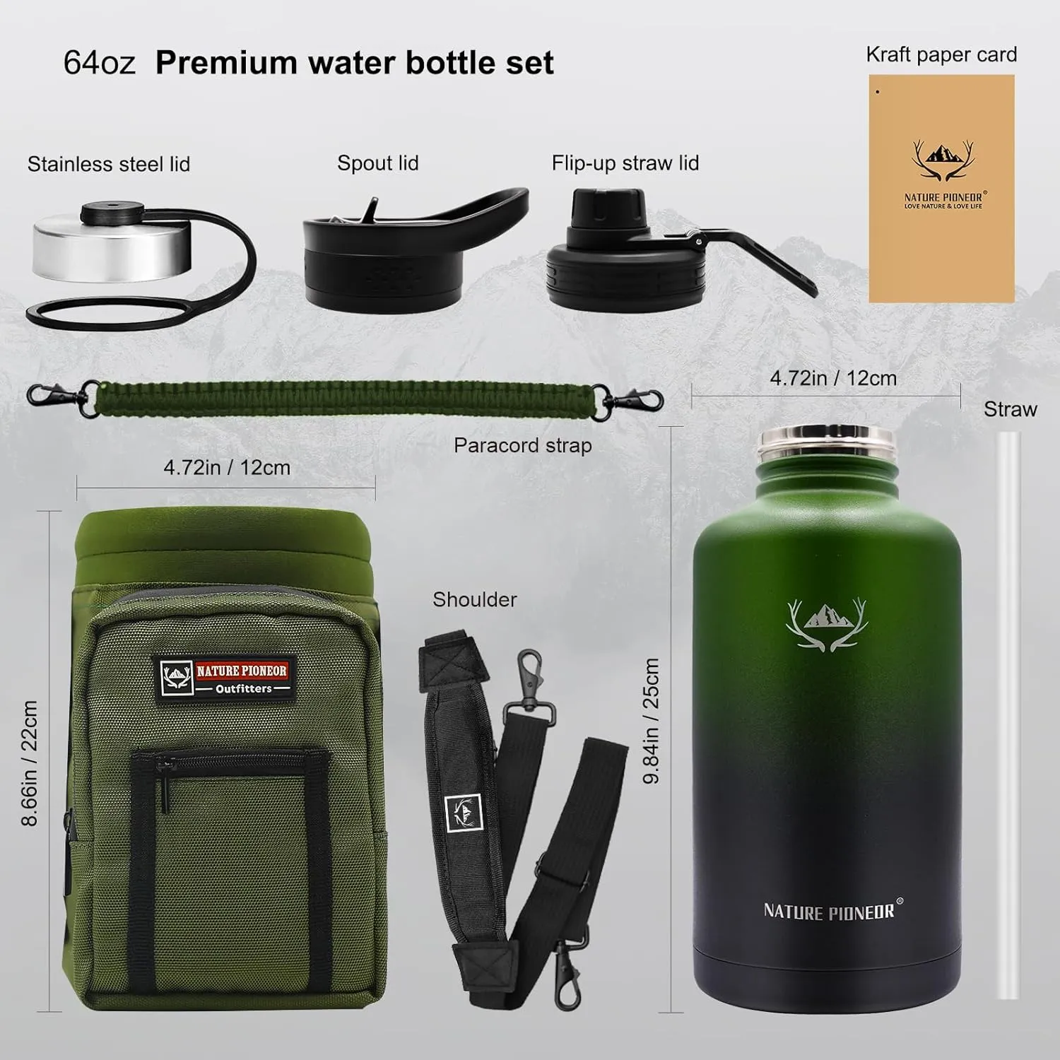 NATURE PIONEOR Insulated Water Bottles with Straw - 64oz Stainless Steel Vacuum Bottle with Holder/Carrier/Sleeve - Reusable 18/8 Food Grade Thermos Water Jug
