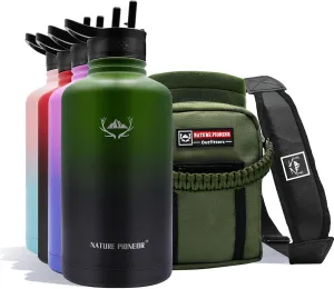 NATURE PIONEOR Insulated Water Bottles with Straw - 64oz Stainless Steel Vacuum Bottle with Holder/Carrier/Sleeve - Reusable 18/8 Food Grade Thermos Water Jug