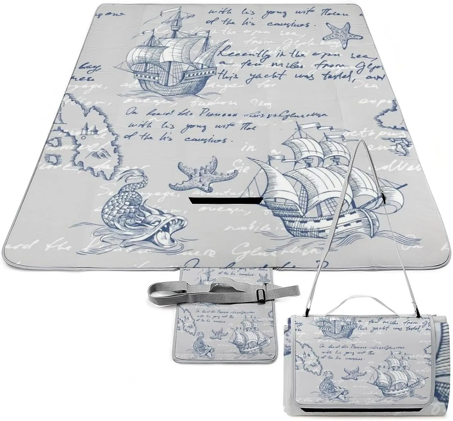 Nautical Sea Map Compass Sailing Ship Waterproof Outdoor Picnic Blanket Sandproof Beach Mat for Camping Hiking Grass Travelling