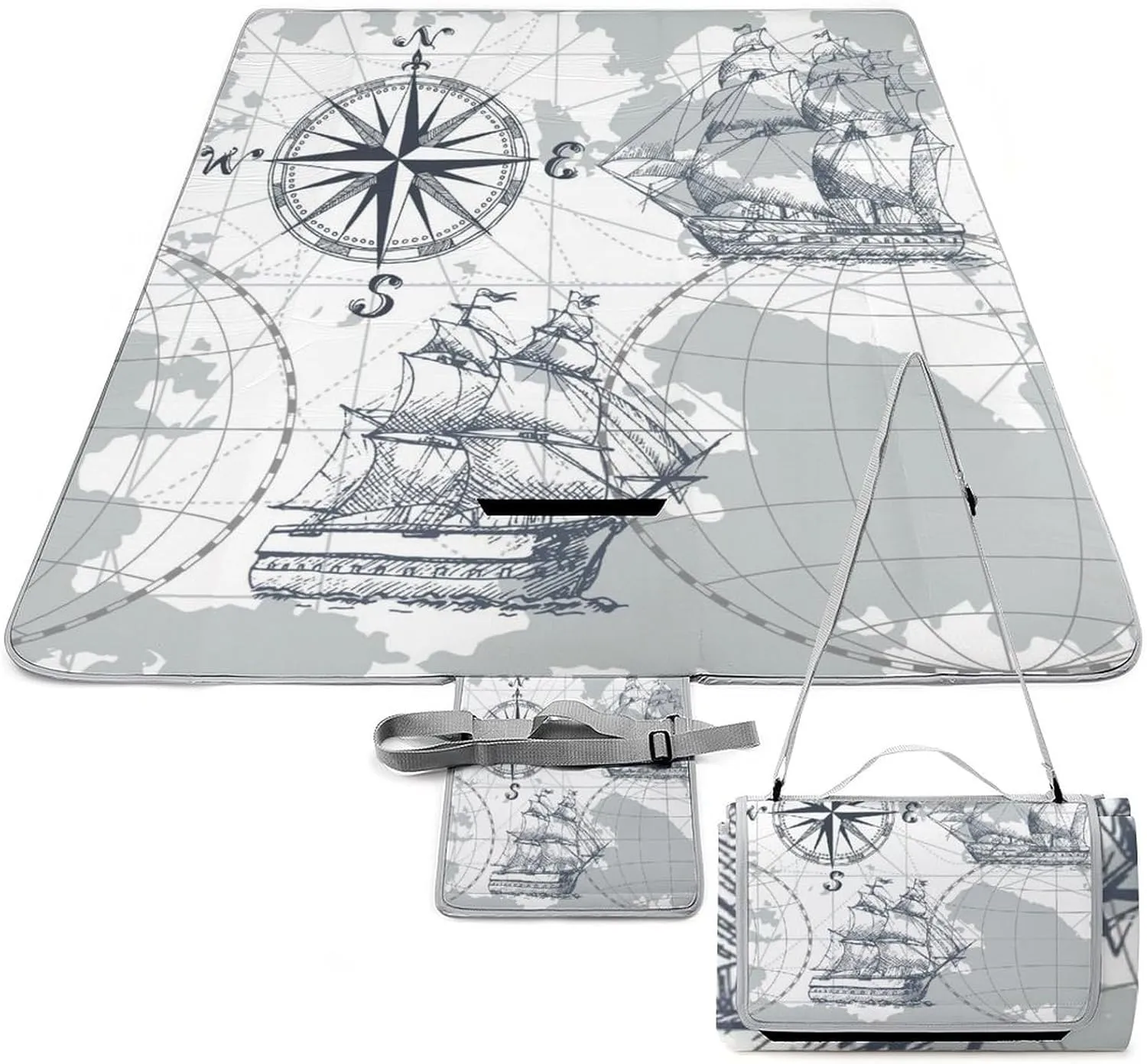 Nautical Sea Map Compass Sailing Ship Waterproof Outdoor Picnic Blanket Sandproof Beach Mat for Camping Hiking Grass Travelling