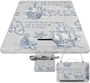 Nautical Sea Map Compass Sailing Ship Waterproof Outdoor Picnic Blanket Sandproof Beach Mat for Camping Hiking Grass Travelling