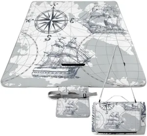 Nautical Sea Map Compass Sailing Ship Waterproof Outdoor Picnic Blanket Sandproof Beach Mat for Camping Hiking Grass Travelling