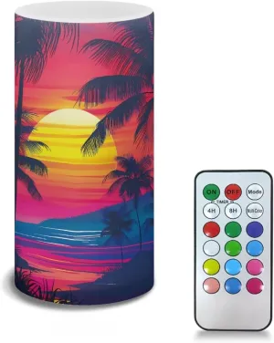 NDISTIN Flameless Candlestick Flickering Candles Timer Rechargeable Electric Candles for Travel Hiking Camping, Sunset Coconut Tree
