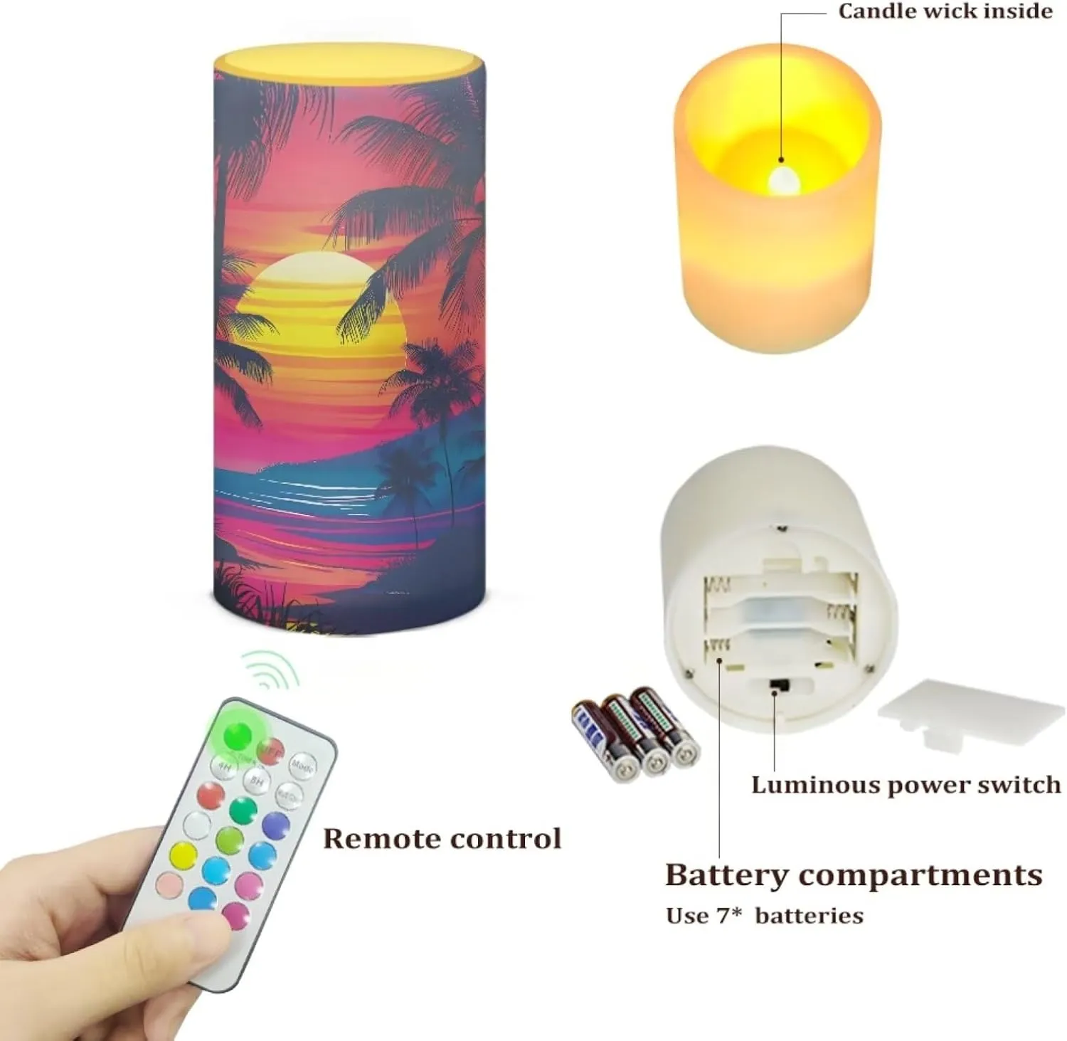 NDISTIN Flameless Candlestick Flickering Candles Timer Rechargeable Electric Candles for Travel Hiking Camping, Sunset Coconut Tree
