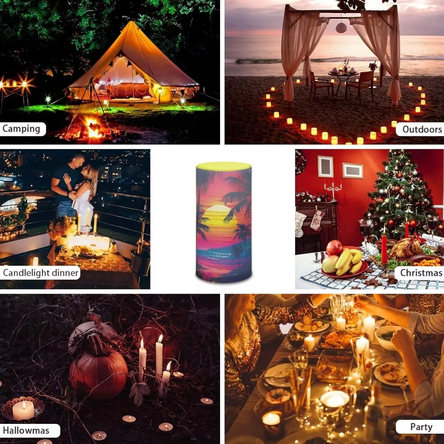 NDISTIN Flameless Candlestick Flickering Candles Timer Rechargeable Electric Candles for Travel Hiking Camping, Sunset Coconut Tree