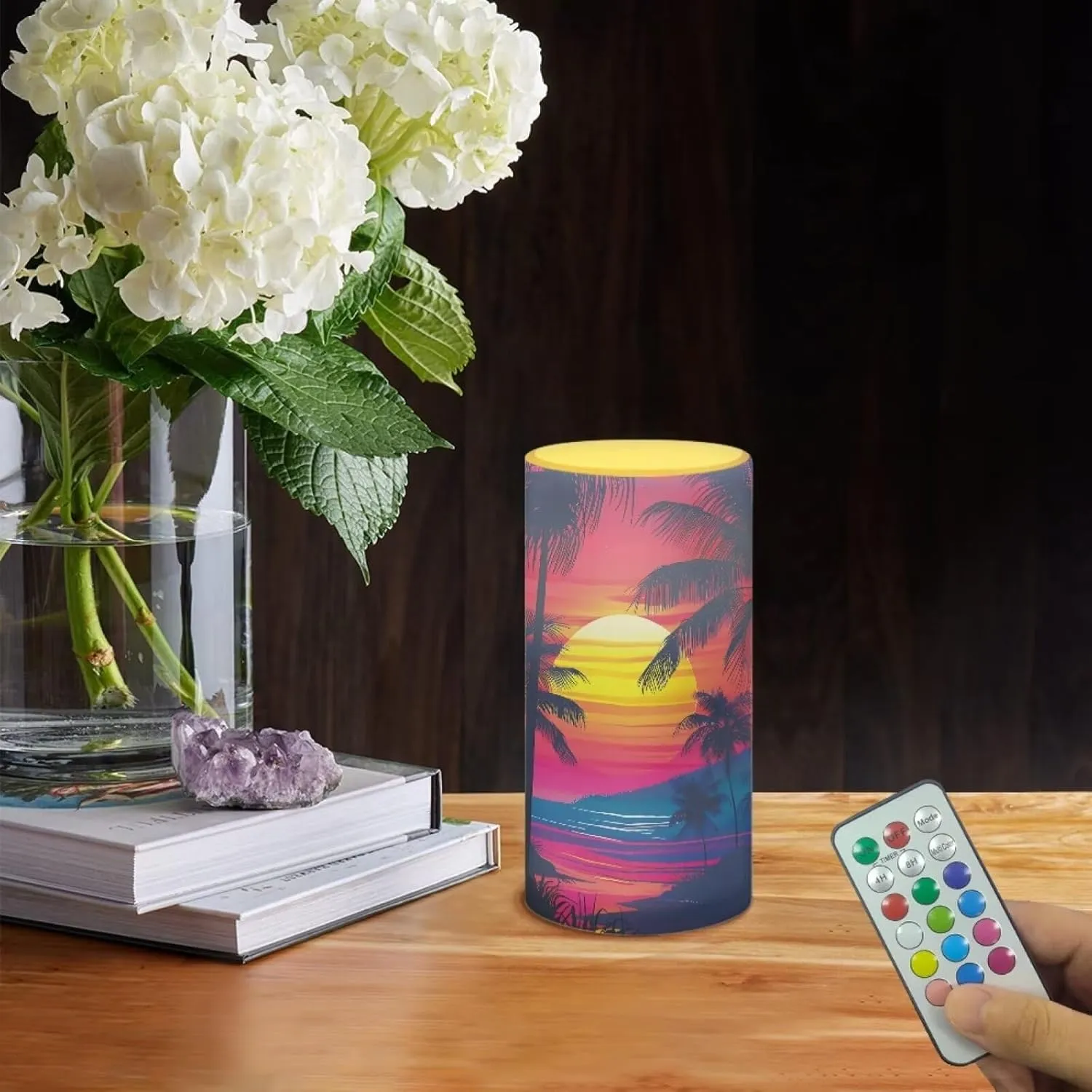 NDISTIN Flameless Candlestick Flickering Candles Timer Rechargeable Electric Candles for Travel Hiking Camping, Sunset Coconut Tree
