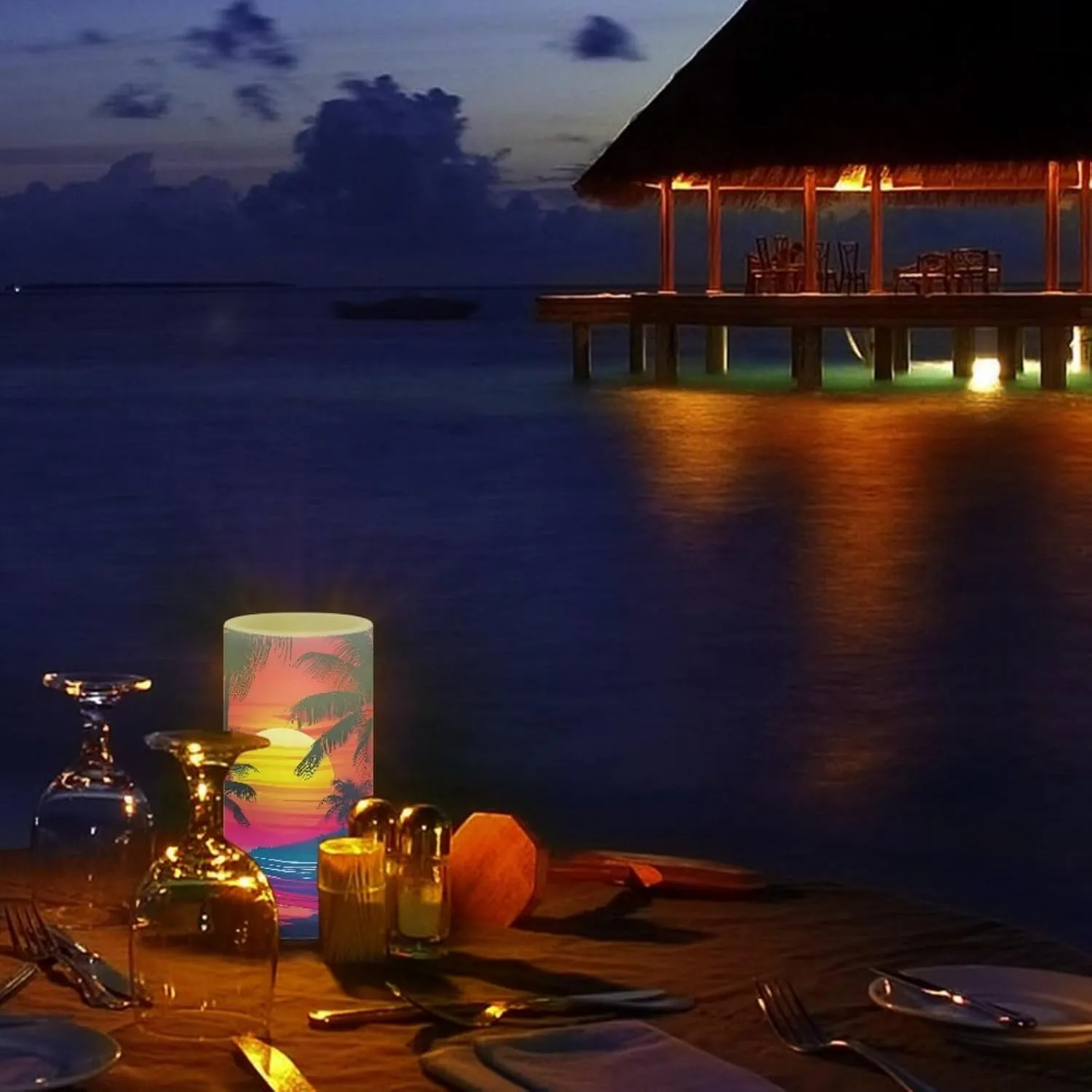 NDISTIN Flameless Candlestick Flickering Candles Timer Rechargeable Electric Candles for Travel Hiking Camping, Sunset Coconut Tree