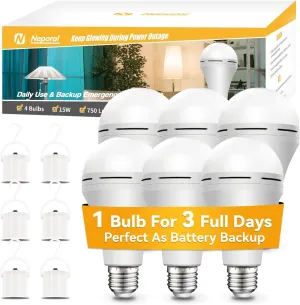 Neporal Emergency-Rechargeable-Light-Bulb, Stay Lights Up When Power Failure, 5W 80W Equivalent LED Light Bulbs for Home, Camping, Tent (6 Count Daylight) (Daylight-2600mAh)