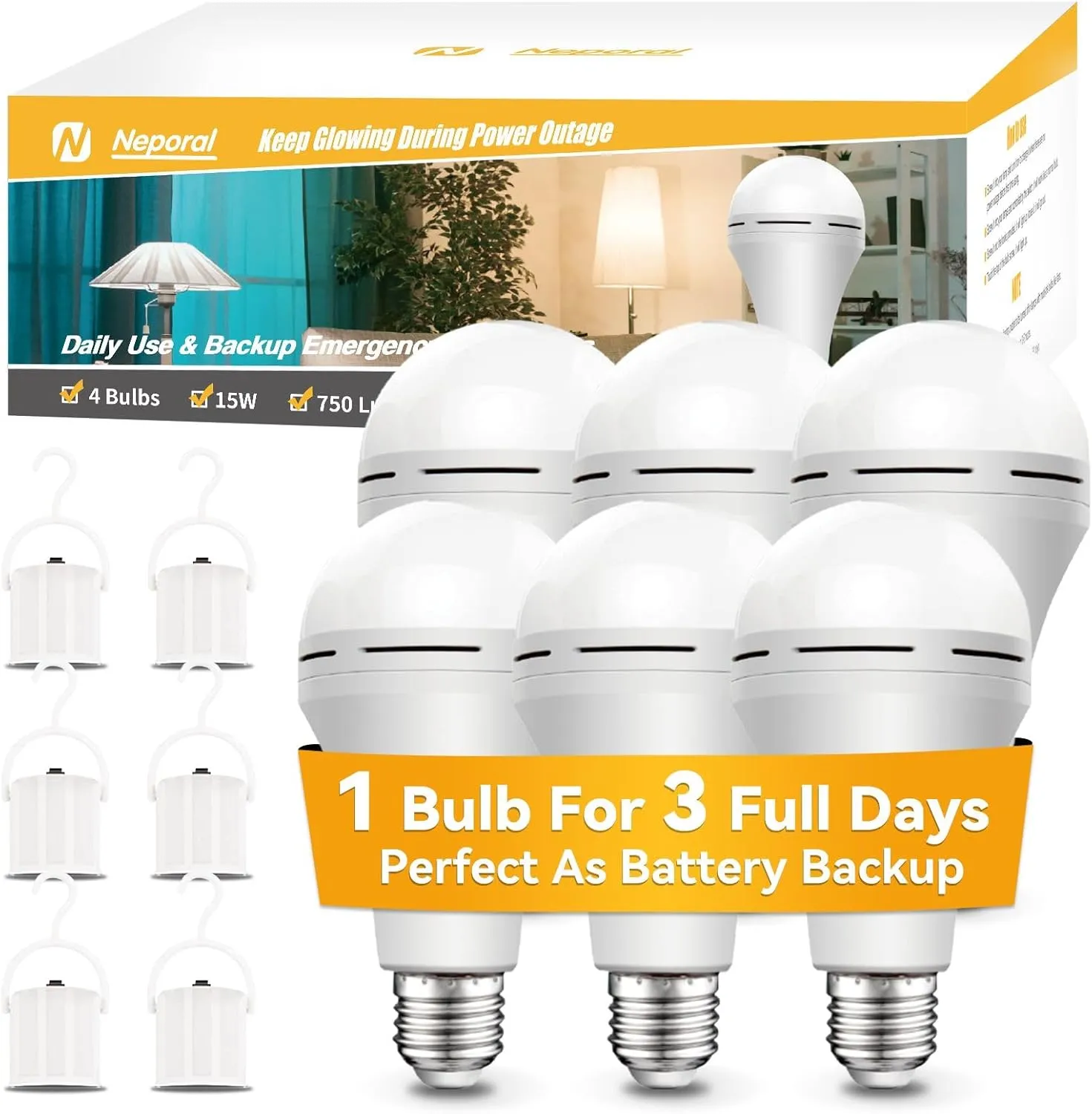 Neporal Emergency-Rechargeable-Light-Bulb, Stay Lights Up When Power Failure, 5W 80W Equivalent LED Light Bulbs for Home, Camping, Tent (6 Count Daylight) (Daylight-2600mAh)