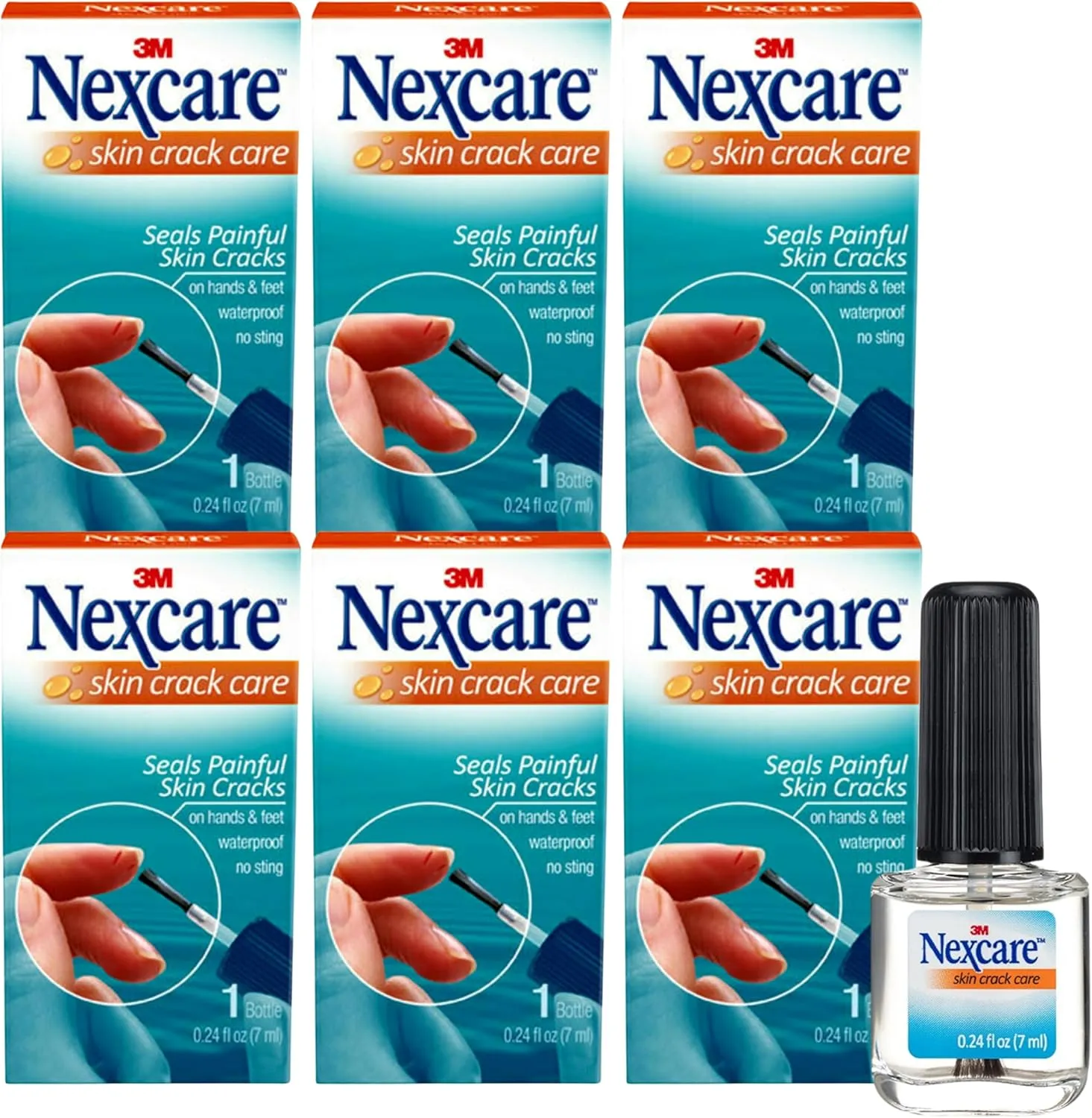Nexcare Skin Crack Care, Waterproof No-Sting Liquid Bandage for Cracked Fingertips and Dry Hands, Fast-Drying 0.24 fl oz Bottle (Pack of 6)