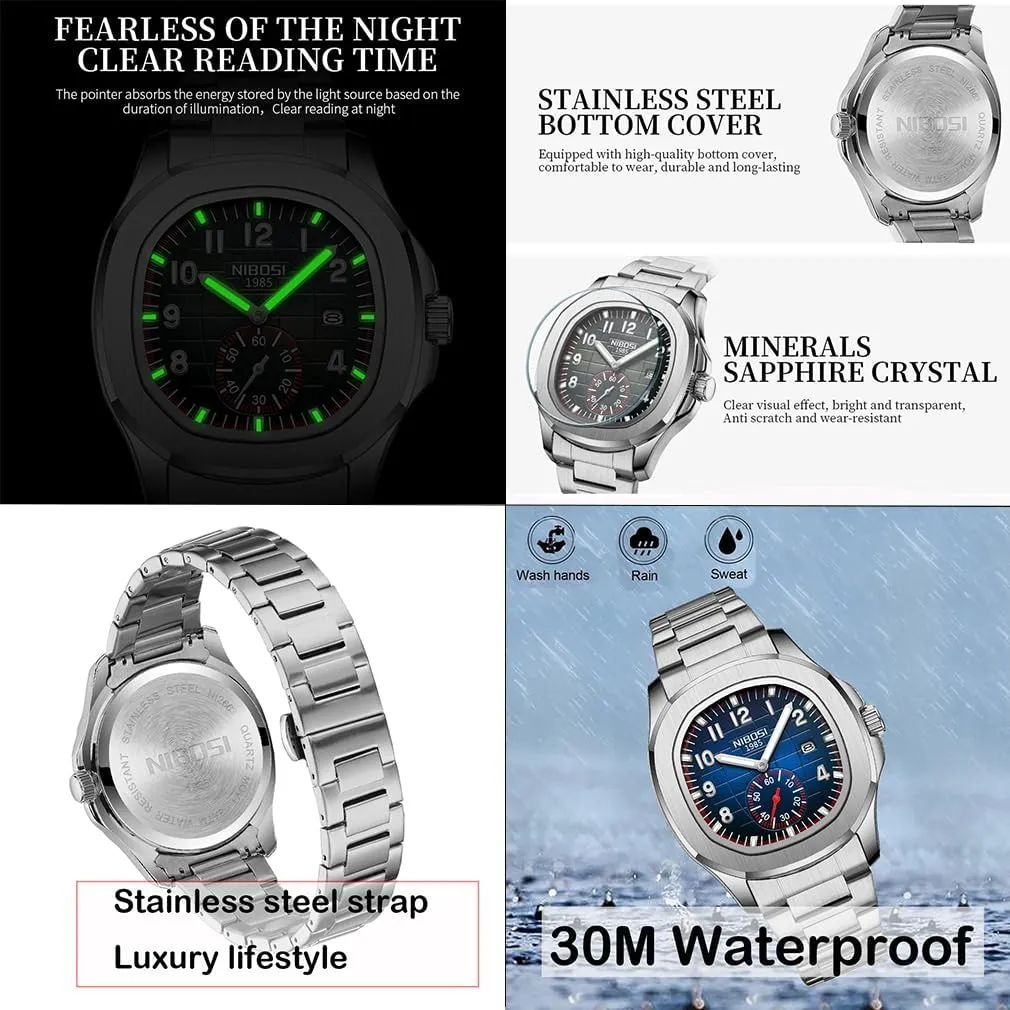 NIBOSI Watch for Men Square Fashion Easy Read Waterproof Business Stainless Luxury Analog Simple Dress Dad Father Gifts Gold Black Wrist Watches
