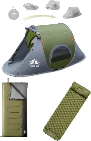 Night Cat Pop-up Camping Tent: 1 Person Tent with Sleeping Pad Sleeping Bag Waterproof Instant Easy Setup Outdoor Tent Combo Set