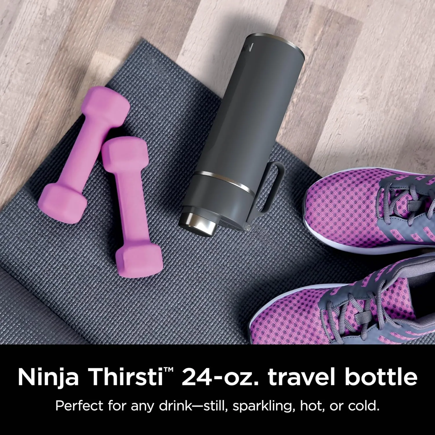 Ninja Thirsti 18oz Travel Water Bottle, For Carbonated Sparkling Drinks, Colder and Fizzier Longer, Leak Proof, 24 Hrs Cold, Dishwasher Safe, Stainless Steel Insulated Tumbler, Charcoal Gray, DW1801GY
