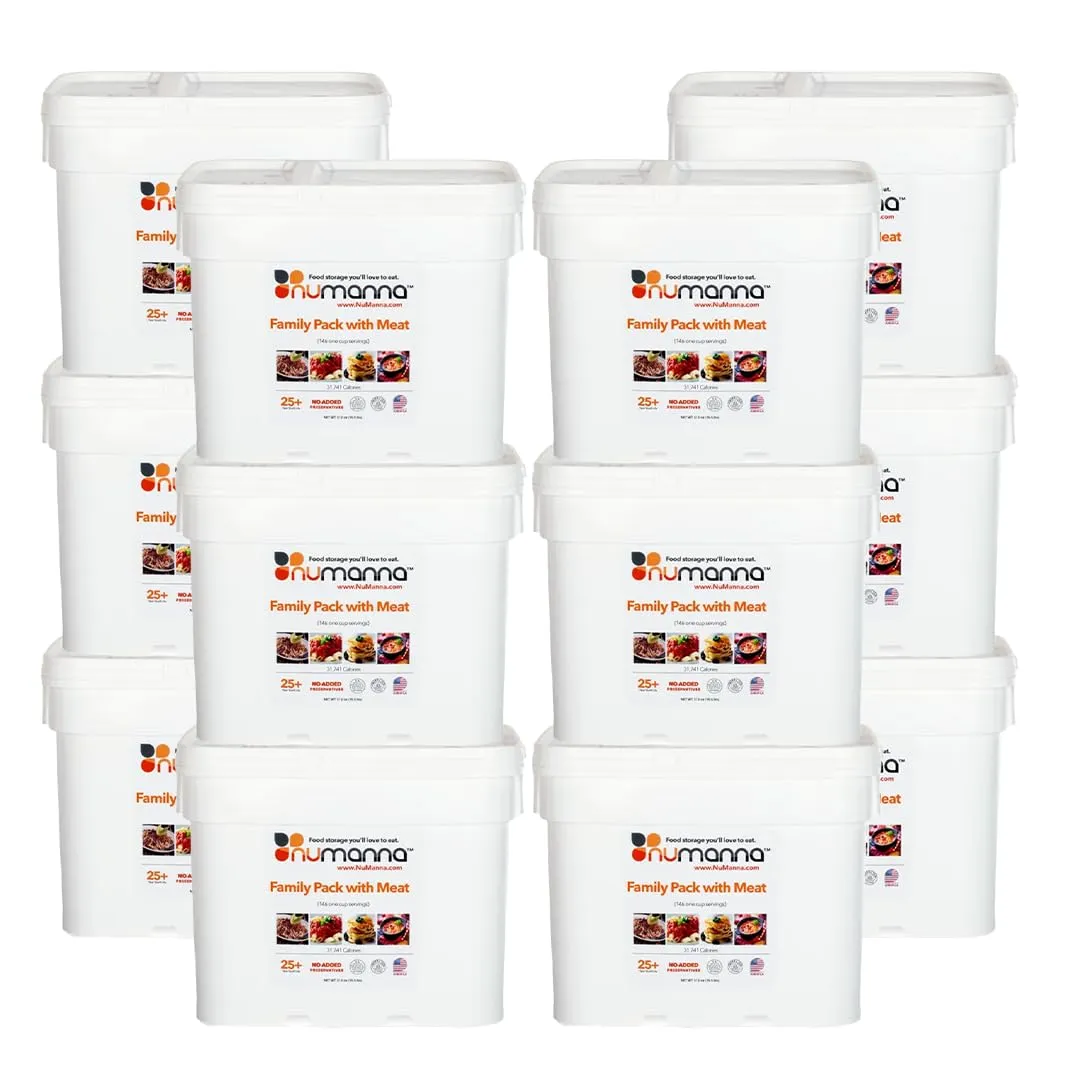 Numanna Dozen Family Pack with Meat Bucket 1,752 Servings Made In USA 25  Year Shelf Life 31,741 Calories Per Bucket Easy to Prepare Emergency Survival Family Food Kit Long Term Meal & Food Supplies