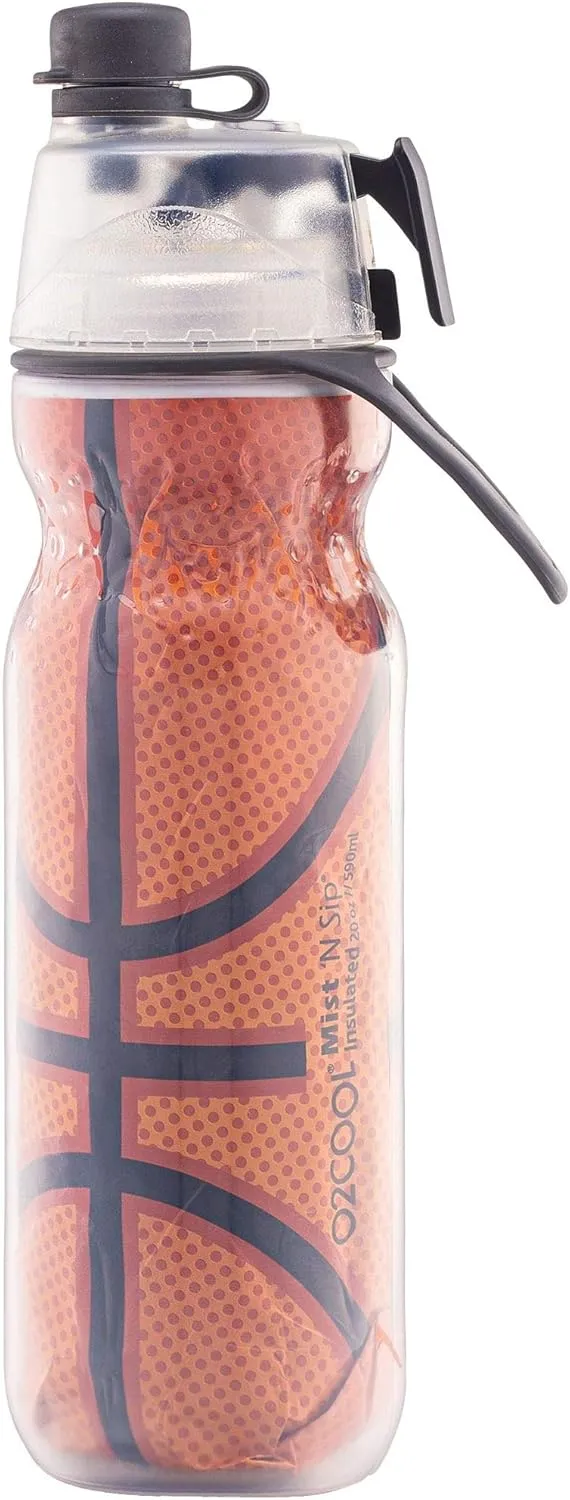 O2COOL Mist 'N Sip Misting Water Bottle 2-in-1 Mist And Sip Function With No Leak Pull Top Spout Reusable Sports Water Bottle - 20 oz (Basketball)