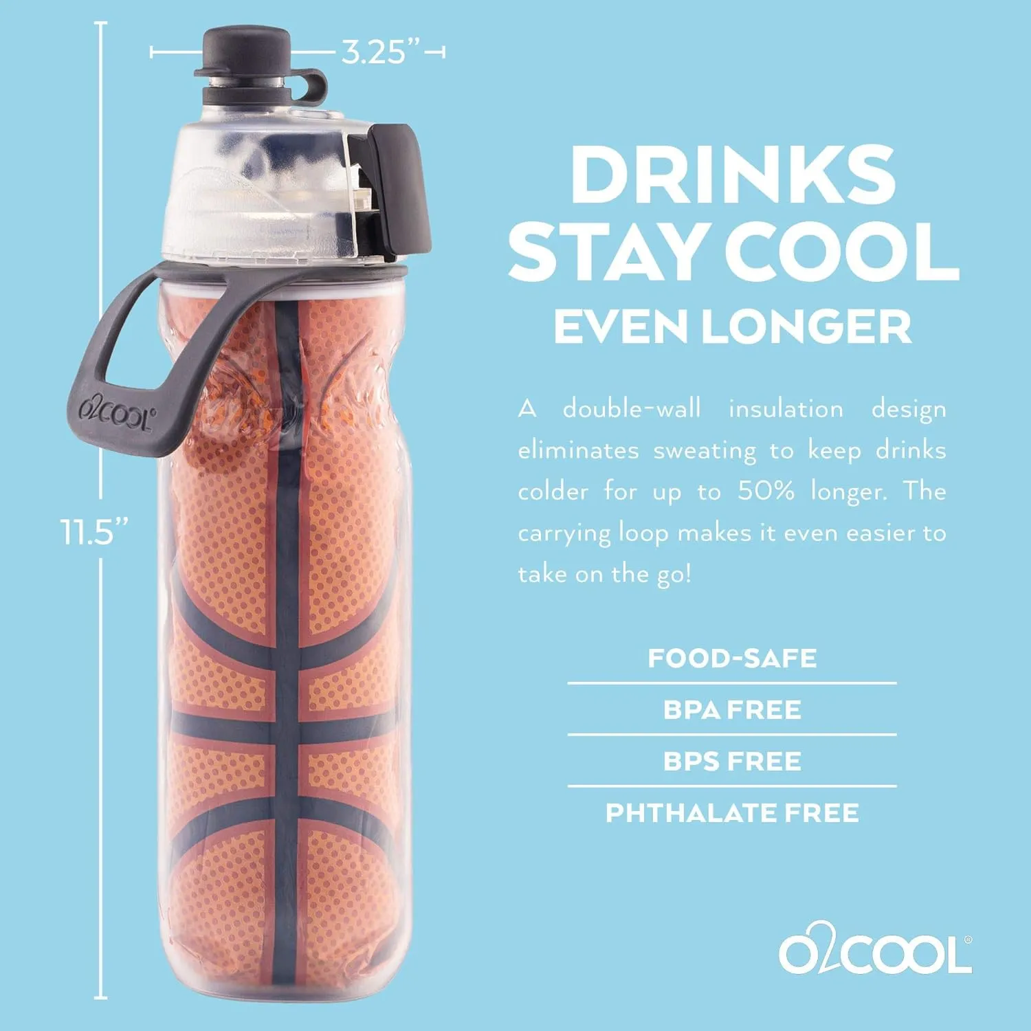 O2COOL Mist 'N Sip Misting Water Bottle 2-in-1 Mist And Sip Function With No Leak Pull Top Spout Reusable Sports Water Bottle - 20 oz (Basketball)