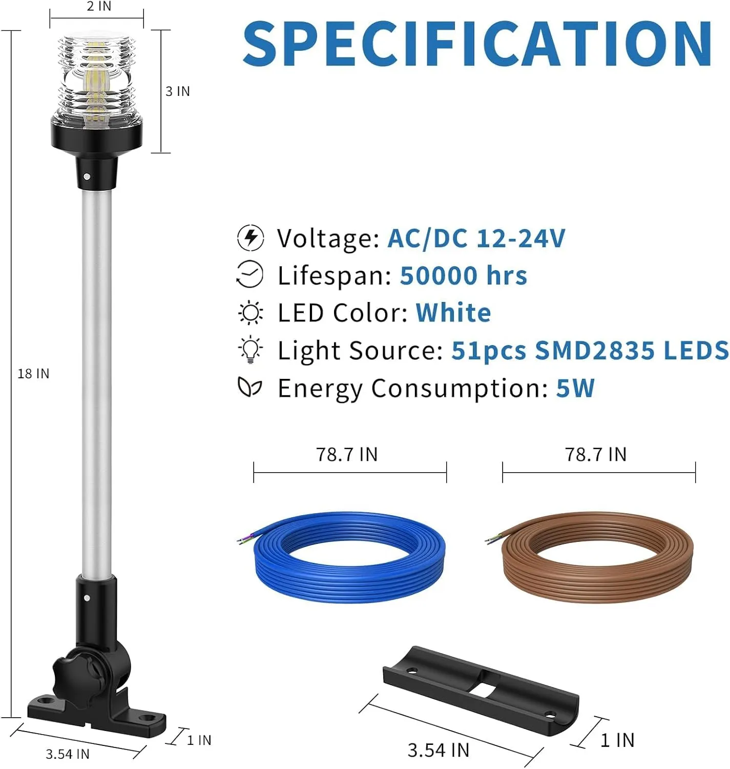 Obcursco Boat Stern Lights, 2NM 360° LED Anchor Light, IP67 Waterproof Bimini Top Lighting, Fold-Down White Navigation Lighting for Pontoon, Marine, Yacht, and Fishing Boats(18'' Horizontal Swing)