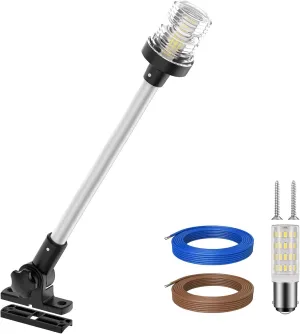 Obcursco Boat Stern Lights, 2NM 360° LED Anchor Light, IP67 Waterproof Bimini Top Lighting, Fold-Down White Navigation Lighting for Pontoon, Marine, Yacht, and Fishing Boats(18'' Horizontal Swing)