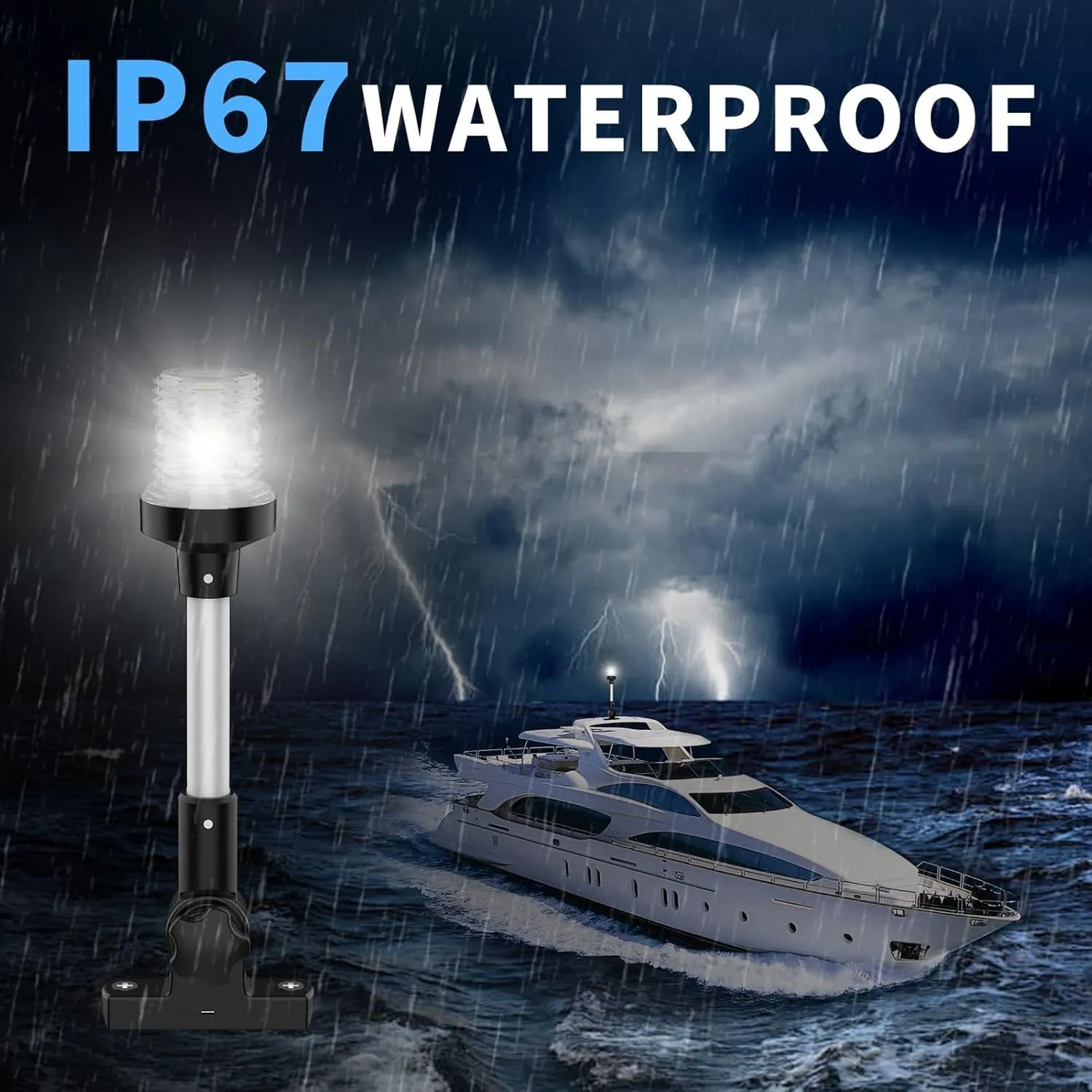 Obcursco Boat Stern Lights, 2NM 360° LED Anchor Light, IP67 Waterproof Bimini Top Lighting, Fold-Down White Navigation Lighting for Pontoon, Marine, Yacht, and Fishing Boats(18'' Horizontal Swing)