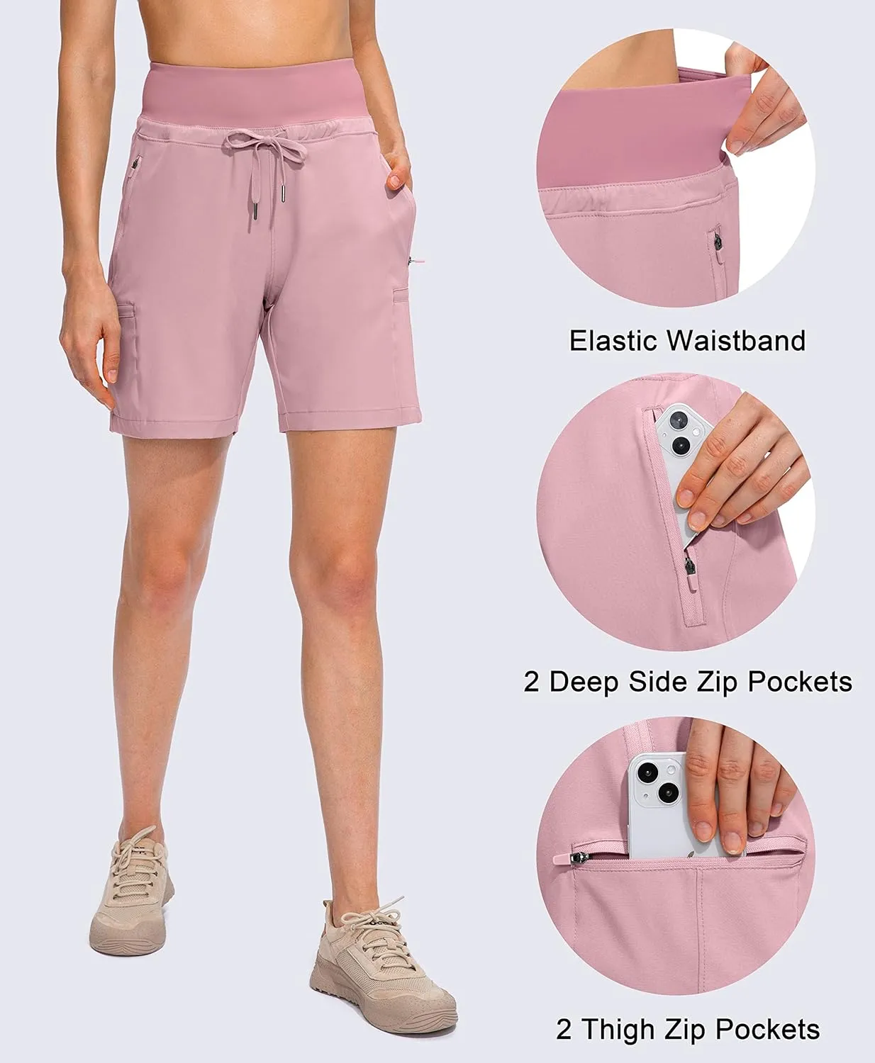 Obla Women's Hiking Cargo Shorts Zipper Pockets Soft High Waisted Quick Dry 7 Inch Long Shorts for Women Golf Athletic Summer