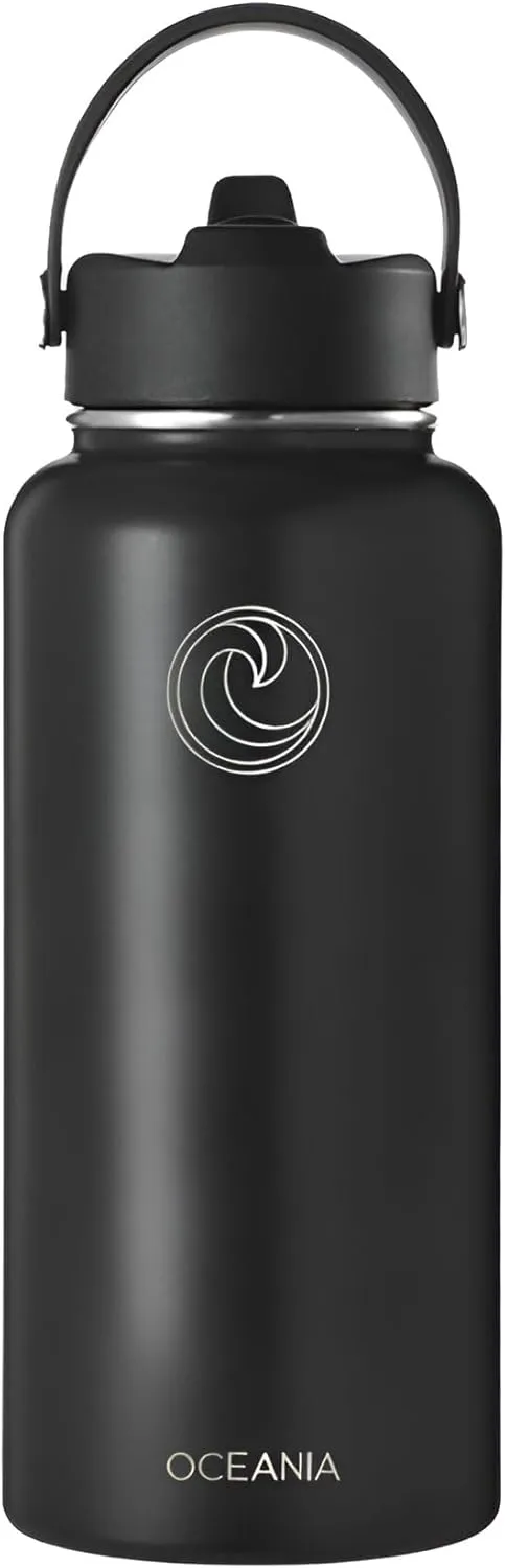Oceania Flask 32oz Stainless Steel Water Bottles | Modern, Leakproof, Hydro BPA-Free, Insulated Water Bottle with 3 Lids, 3 Straws & 2 Straw Cleaning Brushes | Simple Camping & Hiking Water Bottles