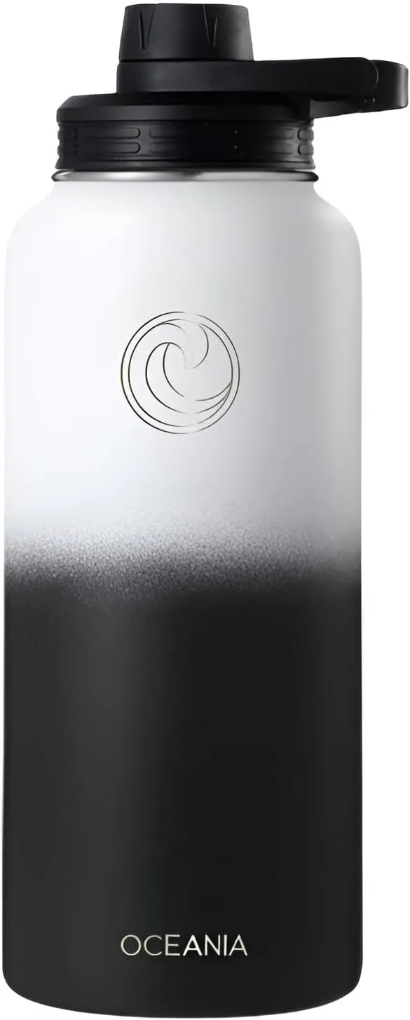 Oceania Flask 32oz Stainless Steel Water Bottles | Modern, Leakproof, Hydro BPA-Free, Insulated Water Bottle with 3 Lids, 3 Straws & 2 Straw Cleaning Brushes | Simple Camping & Hiking Water Bottles