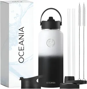 Oceania Flask 32oz Stainless Steel Water Bottles | Modern, Leakproof, Hydro BPA-Free, Insulated Water Bottle with 3 Lids, 3 Straws & 2 Straw Cleaning Brushes | Simple Camping & Hiking Water Bottles