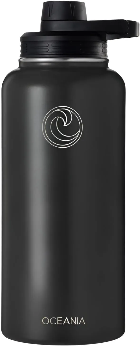 Oceania Flask 32oz Stainless Steel Water Bottles | Modern, Leakproof, Hydro BPA-Free, Insulated Water Bottle with 3 Lids, 3 Straws & 2 Straw Cleaning Brushes | Simple Camping & Hiking Water Bottles