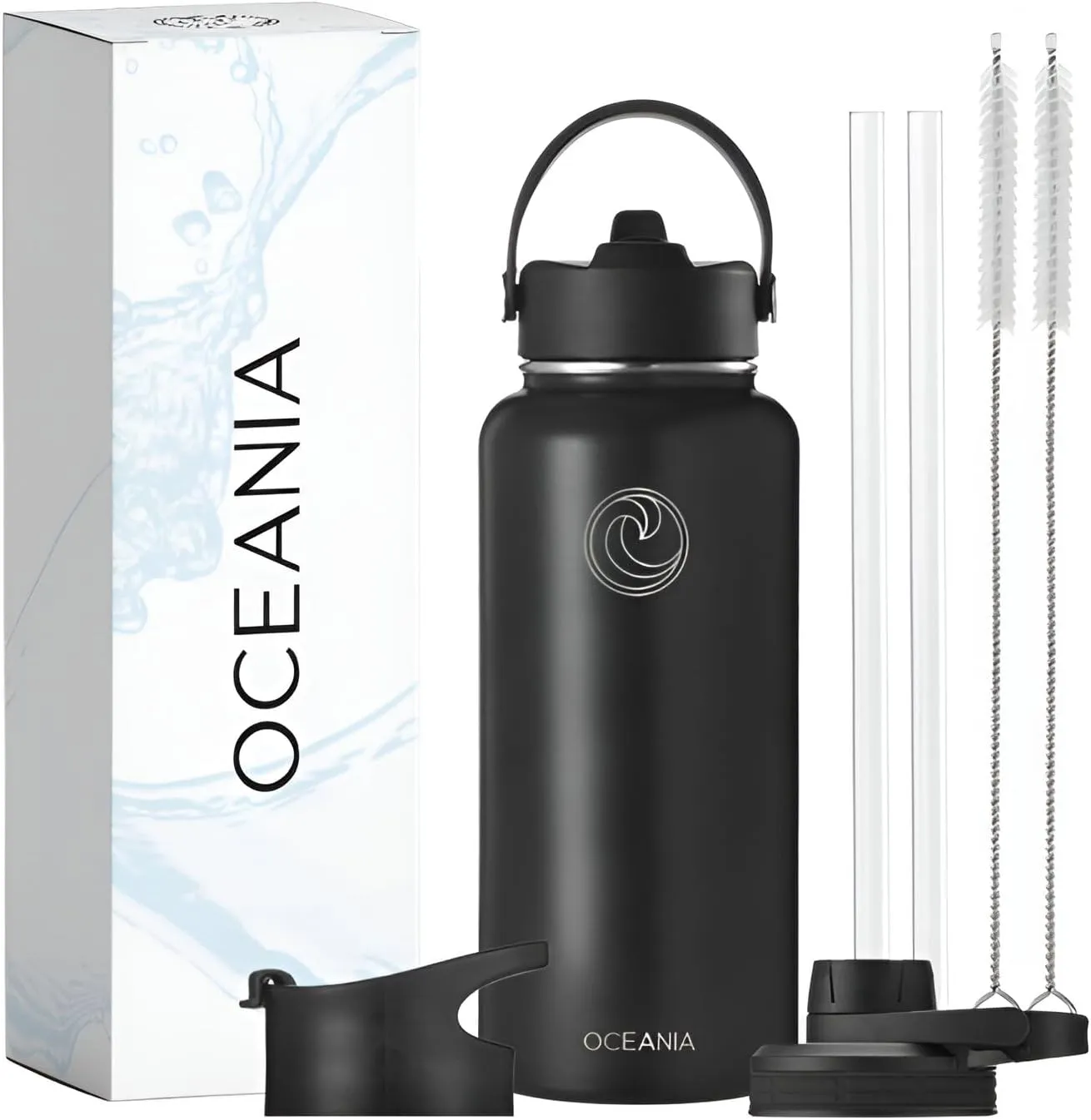 Oceania Flask 32oz Stainless Steel Water Bottles | Modern, Leakproof, Hydro BPA-Free, Insulated Water Bottle with 3 Lids, 3 Straws & 2 Straw Cleaning Brushes | Simple Camping & Hiking Water Bottles