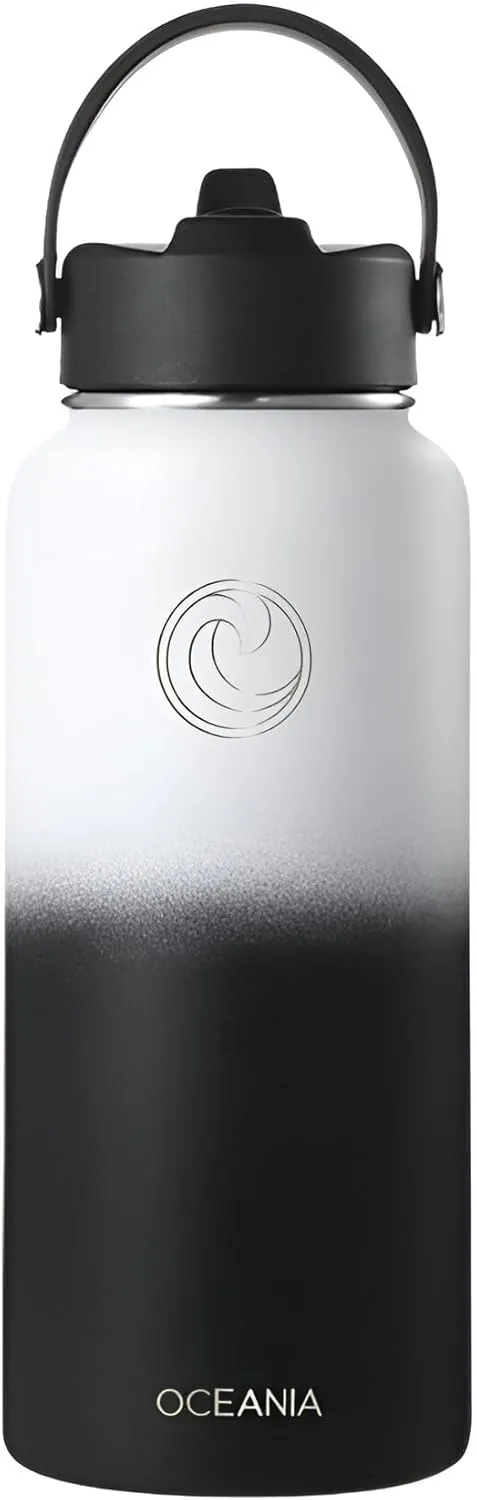 Oceania Flask 32oz Stainless Steel Water Bottles | Modern, Leakproof, Hydro BPA-Free, Insulated Water Bottle with 3 Lids, 3 Straws & 2 Straw Cleaning Brushes | Simple Camping & Hiking Water Bottles