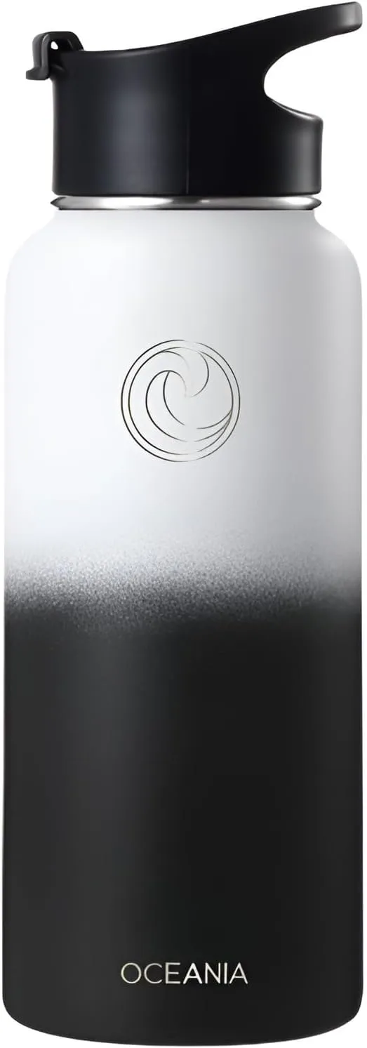 Oceania Flask 32oz Stainless Steel Water Bottles | Modern, Leakproof, Hydro BPA-Free, Insulated Water Bottle with 3 Lids, 3 Straws & 2 Straw Cleaning Brushes | Simple Camping & Hiking Water Bottles
