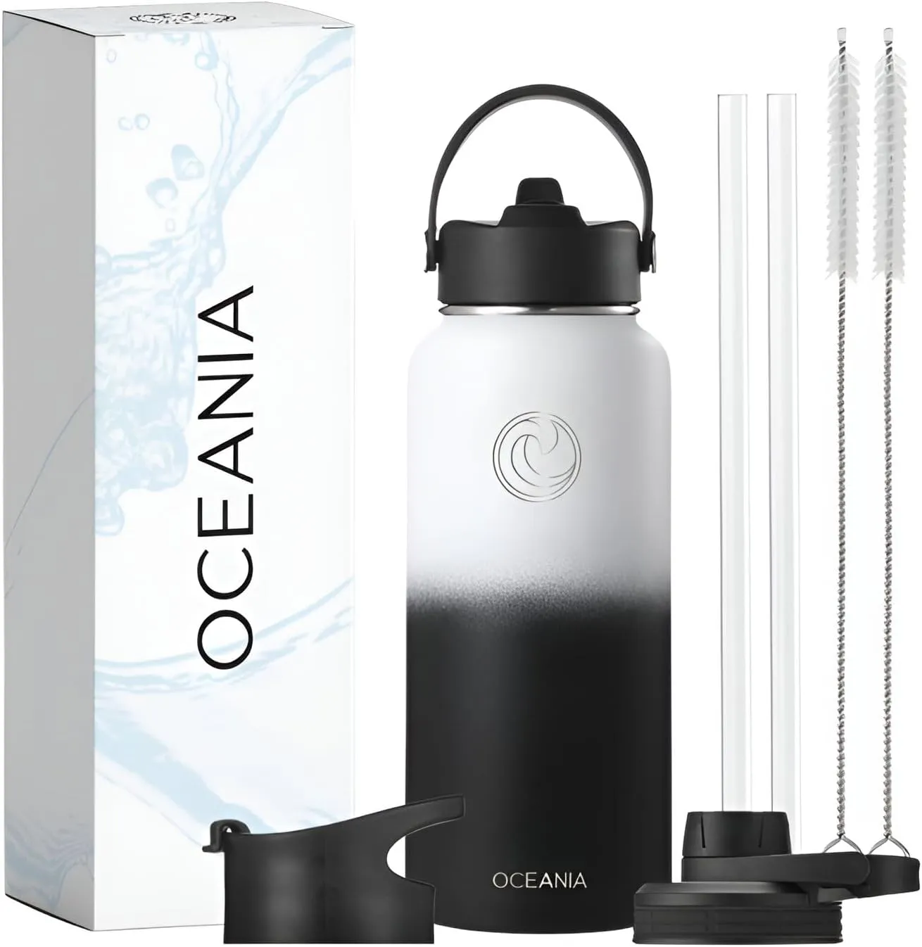 Oceania Flask 32oz Stainless Steel Water Bottles | Modern, Leakproof, Hydro BPA-Free, Insulated Water Bottle with 3 Lids, 3 Straws & 2 Straw Cleaning Brushes | Simple Camping & Hiking Water Bottles