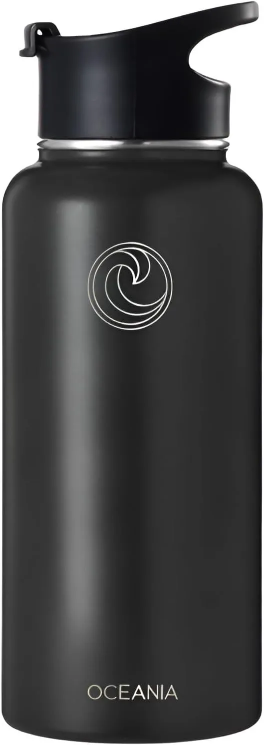 Oceania Flask 32oz Stainless Steel Water Bottles | Modern, Leakproof, Hydro BPA-Free, Insulated Water Bottle with 3 Lids, 3 Straws & 2 Straw Cleaning Brushes | Simple Camping & Hiking Water Bottles