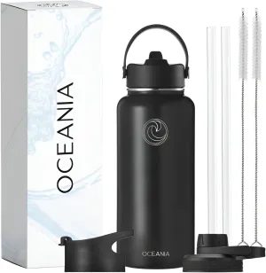 Oceania Flask 32oz Stainless Steel Water Bottles | Modern, Leakproof, Hydro BPA-Free, Insulated Water Bottle with 3 Lids, 3 Straws & 2 Straw Cleaning Brushes | Simple Camping & Hiking Water Bottles