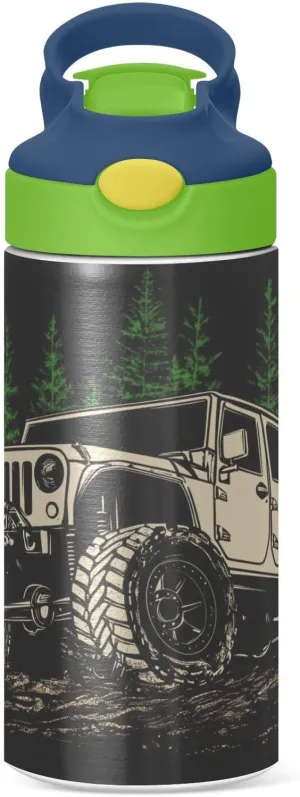 Off-road Car Green Forest Kids Water Bottle with Straw Lid, Insulated Stainless Steel Water Bottle Reusable Tumbler for Girls Boys 12oz