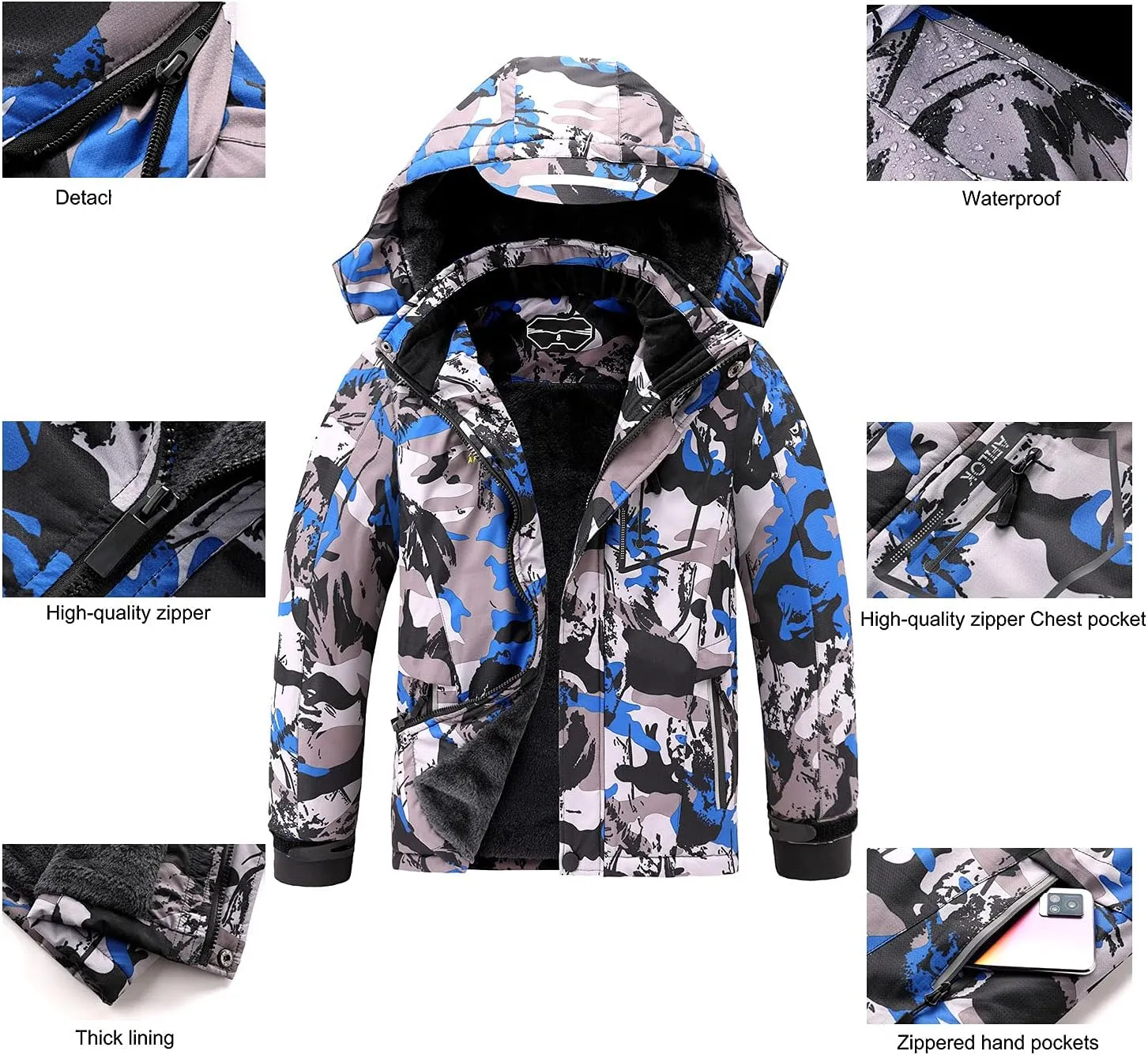 OHSNMAKSL Boy's Waterproof Ski Jacket Warm Winter Snow Coat Kids Fleece Snowboarding Jackets Thick Hooded Windproof Coats