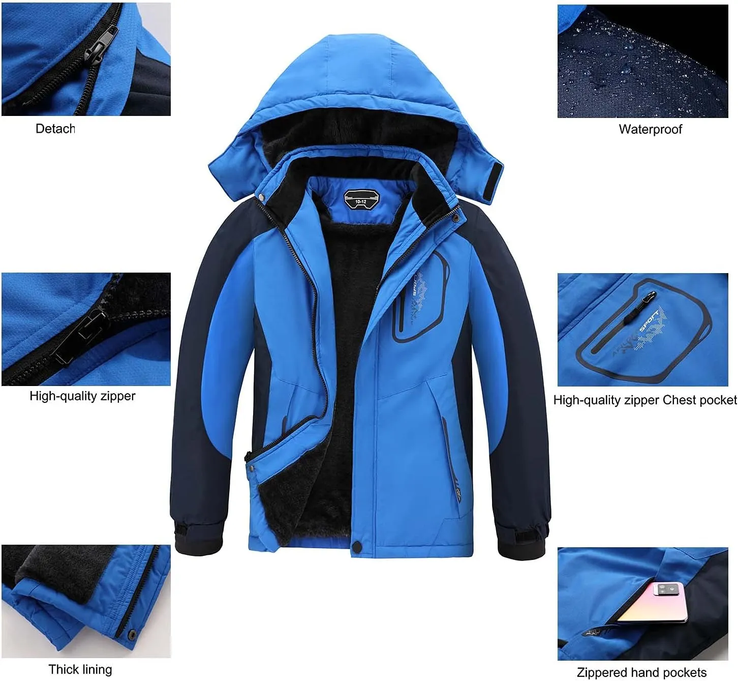 OHSNMAKSL Boy's Waterproof Ski Jacket Warm Winter Snow Coat Kids Fleece Snowboarding Jackets Thick Hooded Windproof Coats