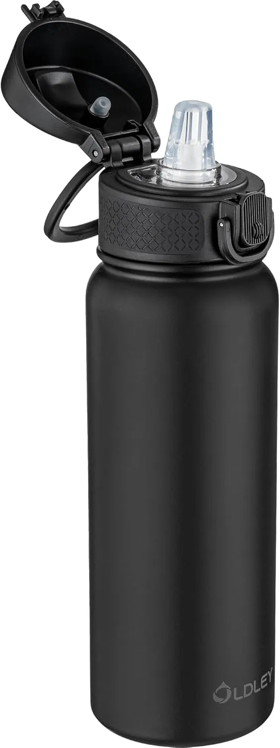 OLDLEY 20 Oz Insulated Stainless Steel Water Bottle For Kids, With Straws Leak-proof, Kids Water Bottles For School Boys Girls, Black