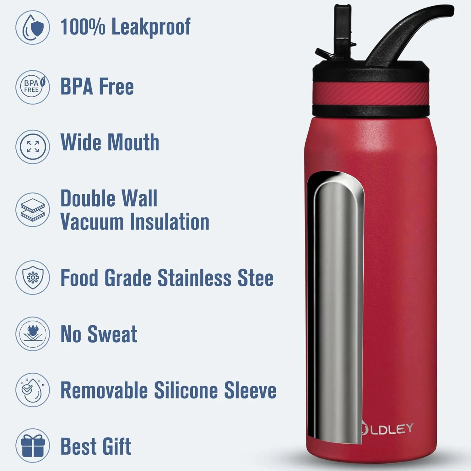 OLDLEY 24 oz Insulated Water Bottle With Straw, Stainless Steel Sports Water Cup Flask with 3 Lids(Straw, Spout and Handle Lid) Double Walled Travel Thermal Canteen Mug,Fire Red