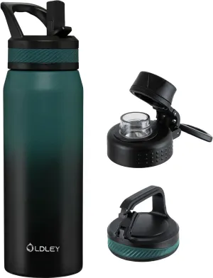 OLDLEY 24 oz Insulated Water Bottle With Straw, Stainless Steel Sports Water Cup Flask with 3 Lids(Straw, Spout and Handle Lid) Double Walled Travel Thermal Canteen Mug,Midnight Black