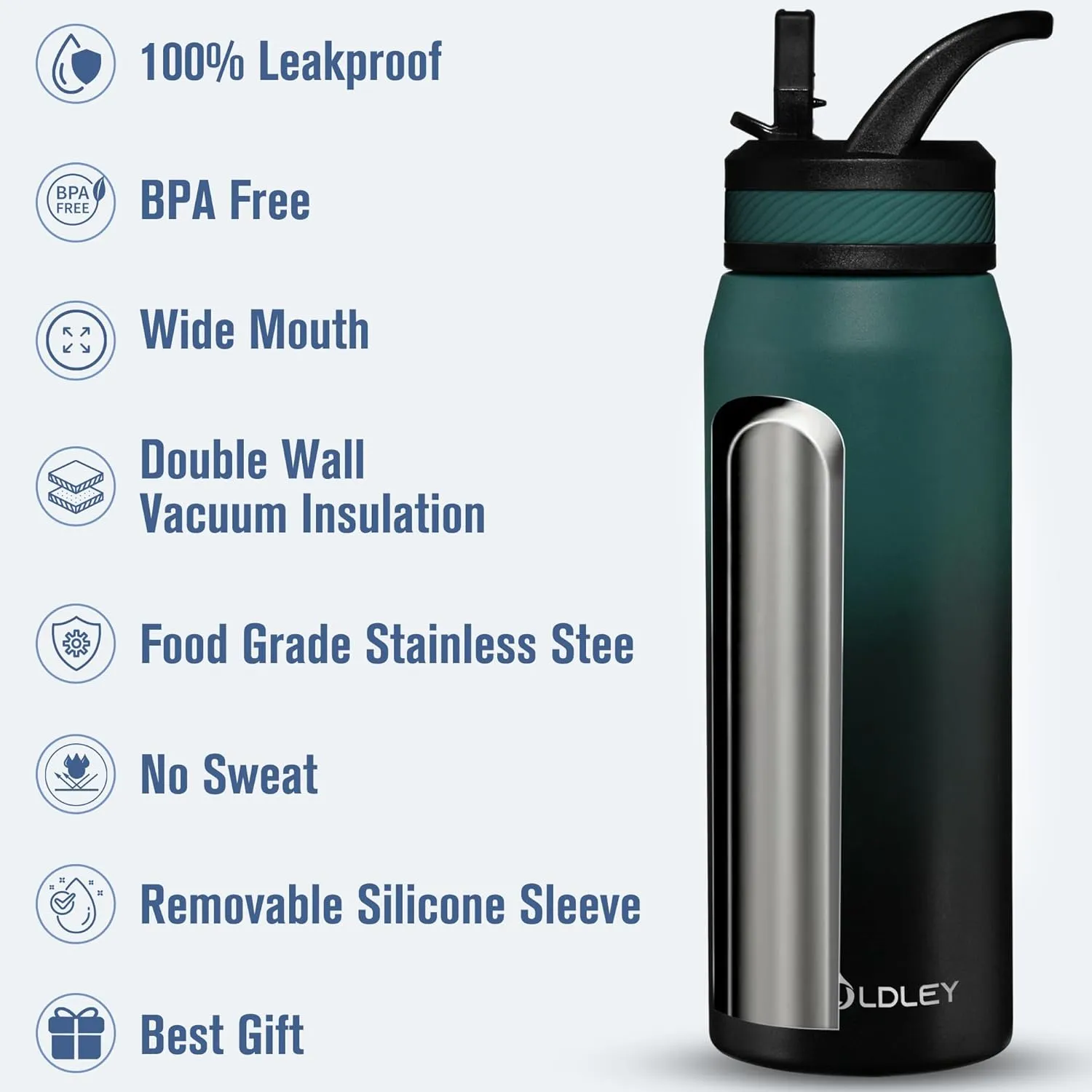 OLDLEY 24 oz Insulated Water Bottle With Straw, Stainless Steel Sports Water Cup Flask with 3 Lids(Straw, Spout and Handle Lid) Double Walled Travel Thermal Canteen Mug,Midnight Black