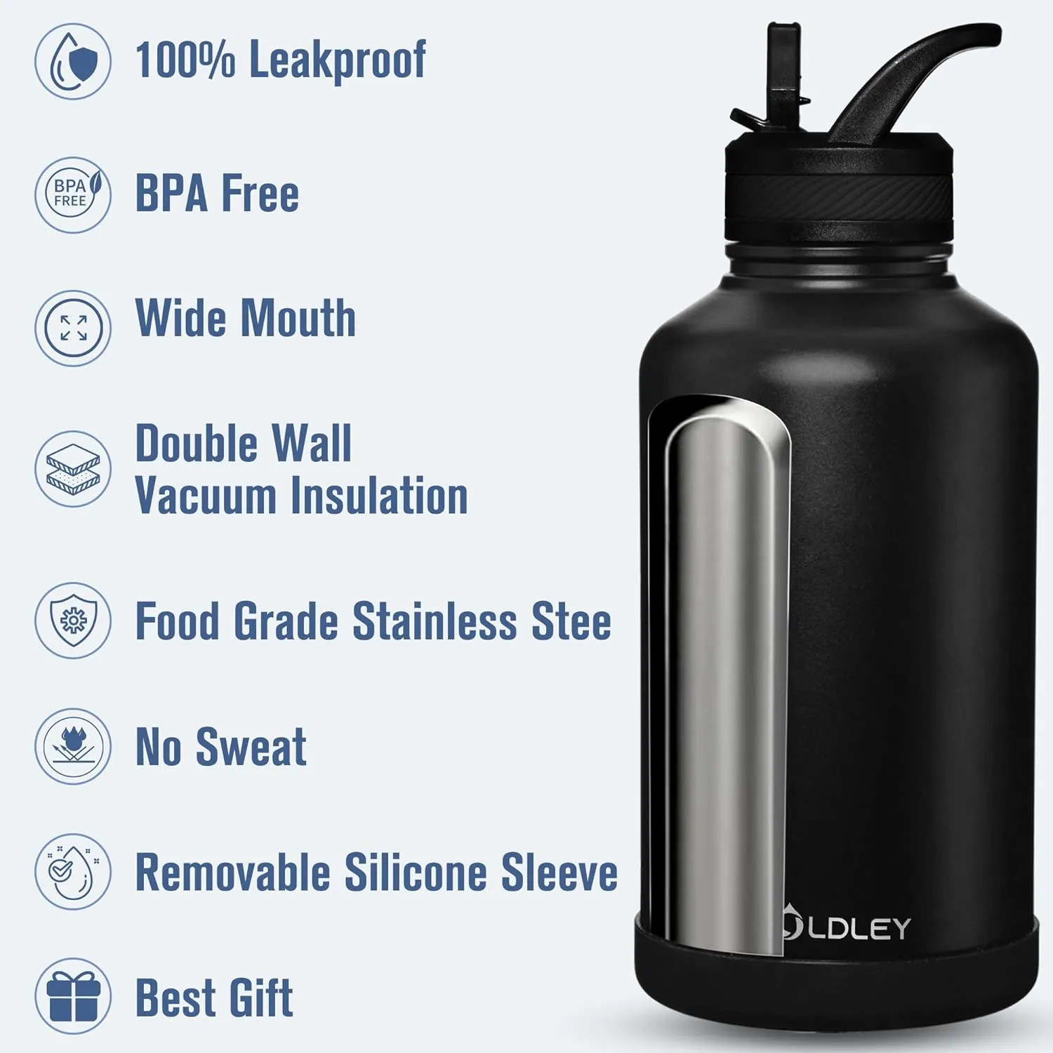 OLDLEY 64 oz Insulated Water Bottle With Straw, Stainless Steel Sports Water Cup Flask with 3 Lids(Straw, Spout and Handle Lid) Double Walled Travel Thermal Canteen Mug,Black