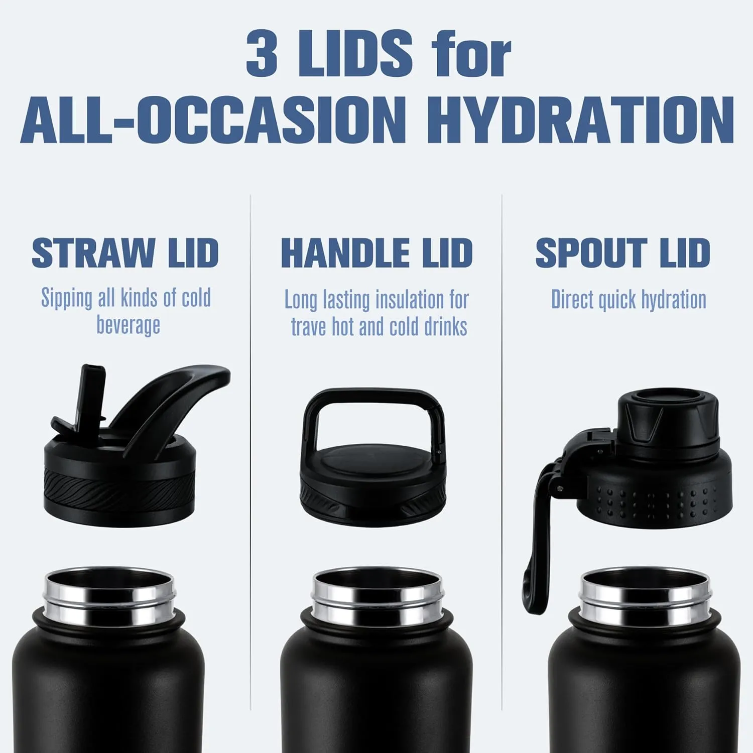 OLDLEY 64 oz Insulated Water Bottle With Straw, Stainless Steel Sports Water Cup Flask with 3 Lids(Straw, Spout and Handle Lid) Double Walled Travel Thermal Canteen Mug,Black