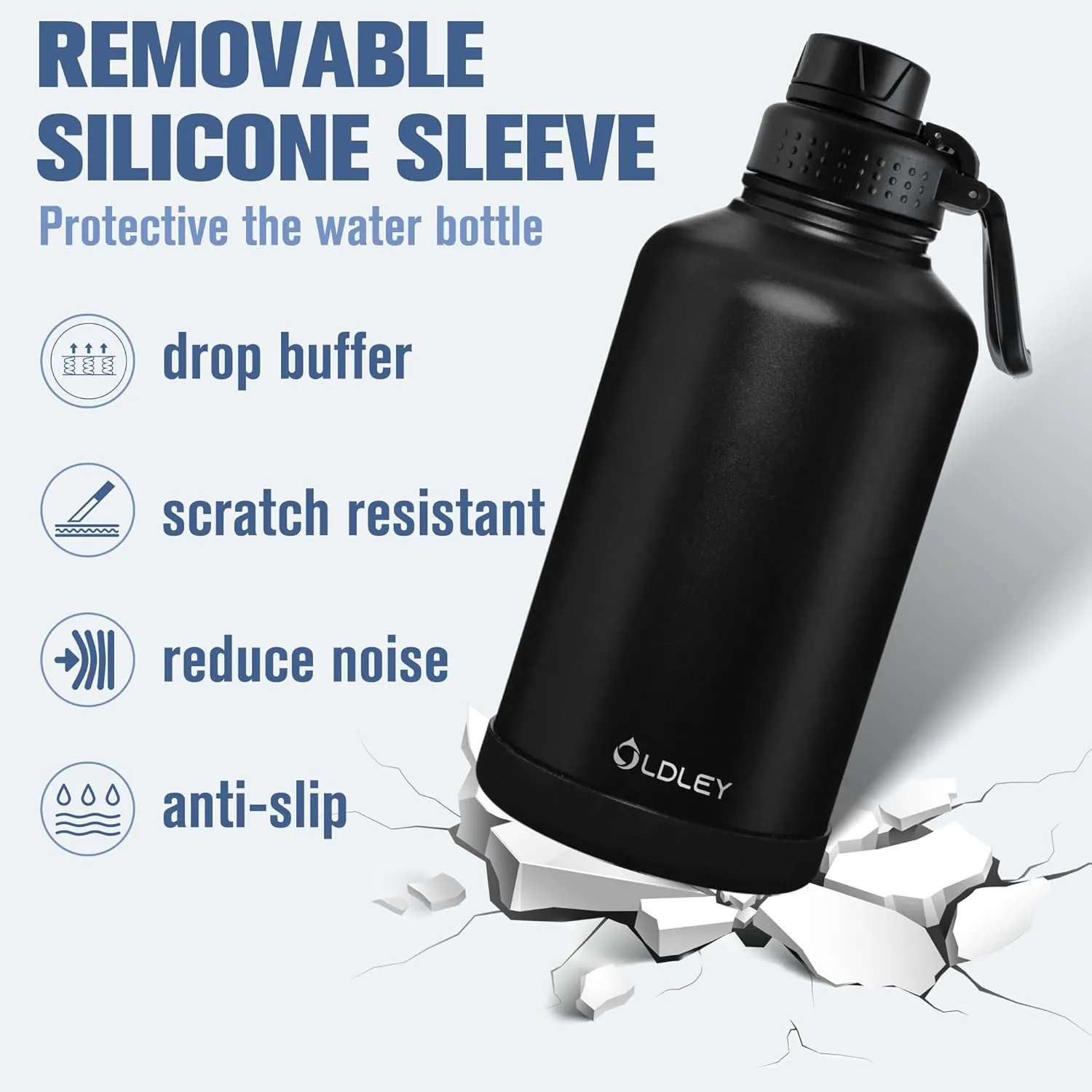 OLDLEY 64 oz Insulated Water Bottle With Straw, Stainless Steel Sports Water Cup Flask with 3 Lids(Straw, Spout and Handle Lid) Double Walled Travel Thermal Canteen Mug,Black