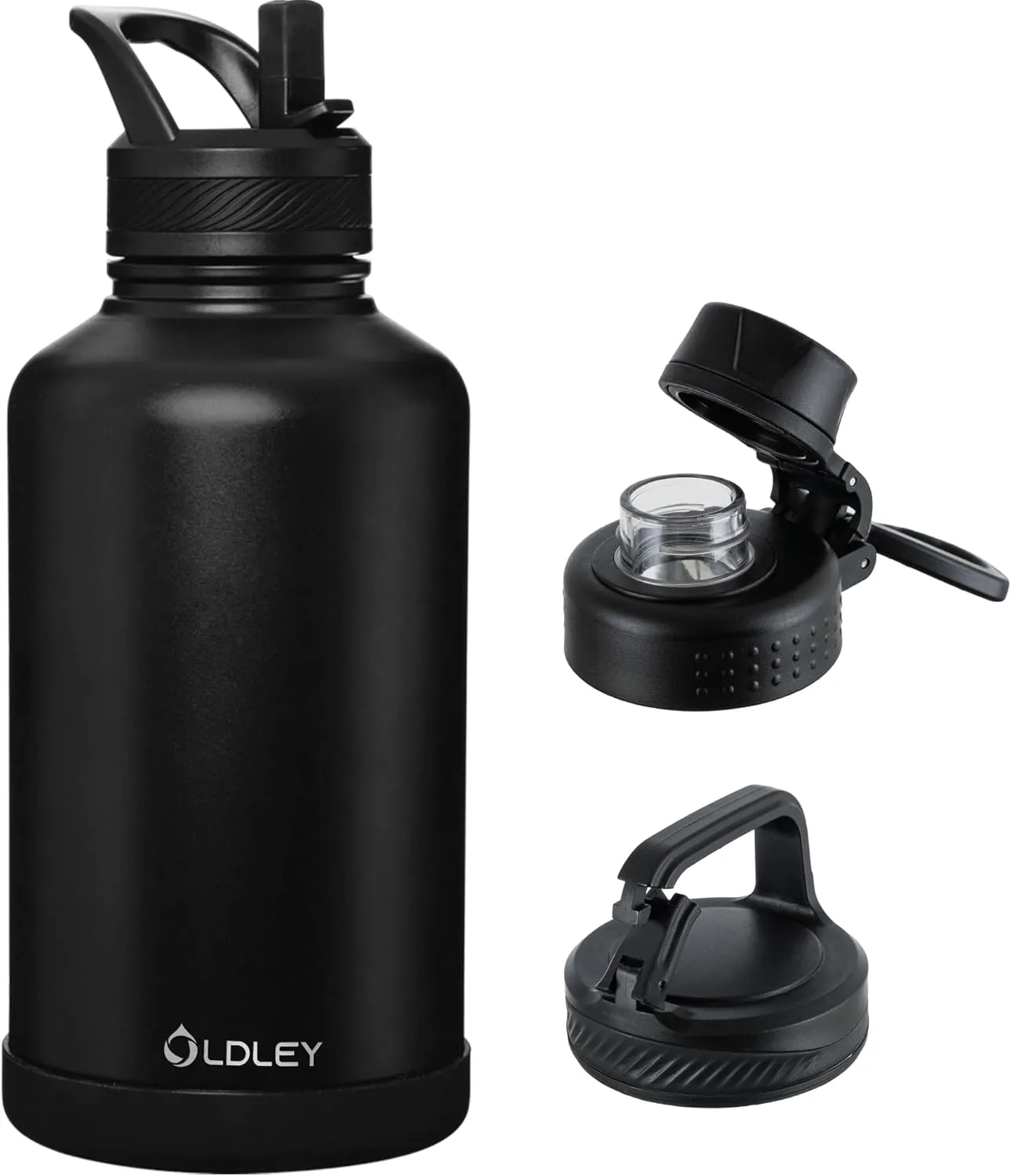OLDLEY 64 oz Insulated Water Bottle With Straw, Stainless Steel Sports Water Cup Flask with 3 Lids(Straw, Spout and Handle Lid) Double Walled Travel Thermal Canteen Mug,Black