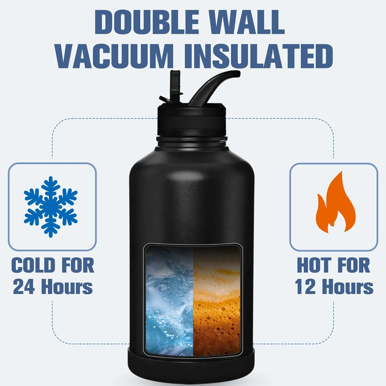 OLDLEY 64 oz Insulated Water Bottle With Straw, Stainless Steel Sports Water Cup Flask with 3 Lids(Straw, Spout and Handle Lid) Double Walled Travel Thermal Canteen Mug,Black