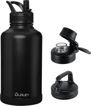 OLDLEY 64 oz Insulated Water Bottle With Straw, Stainless Steel Sports Water Cup Flask with 3 Lids(Straw, Spout and Handle Lid) Double Walled Travel Thermal Canteen Mug,Black