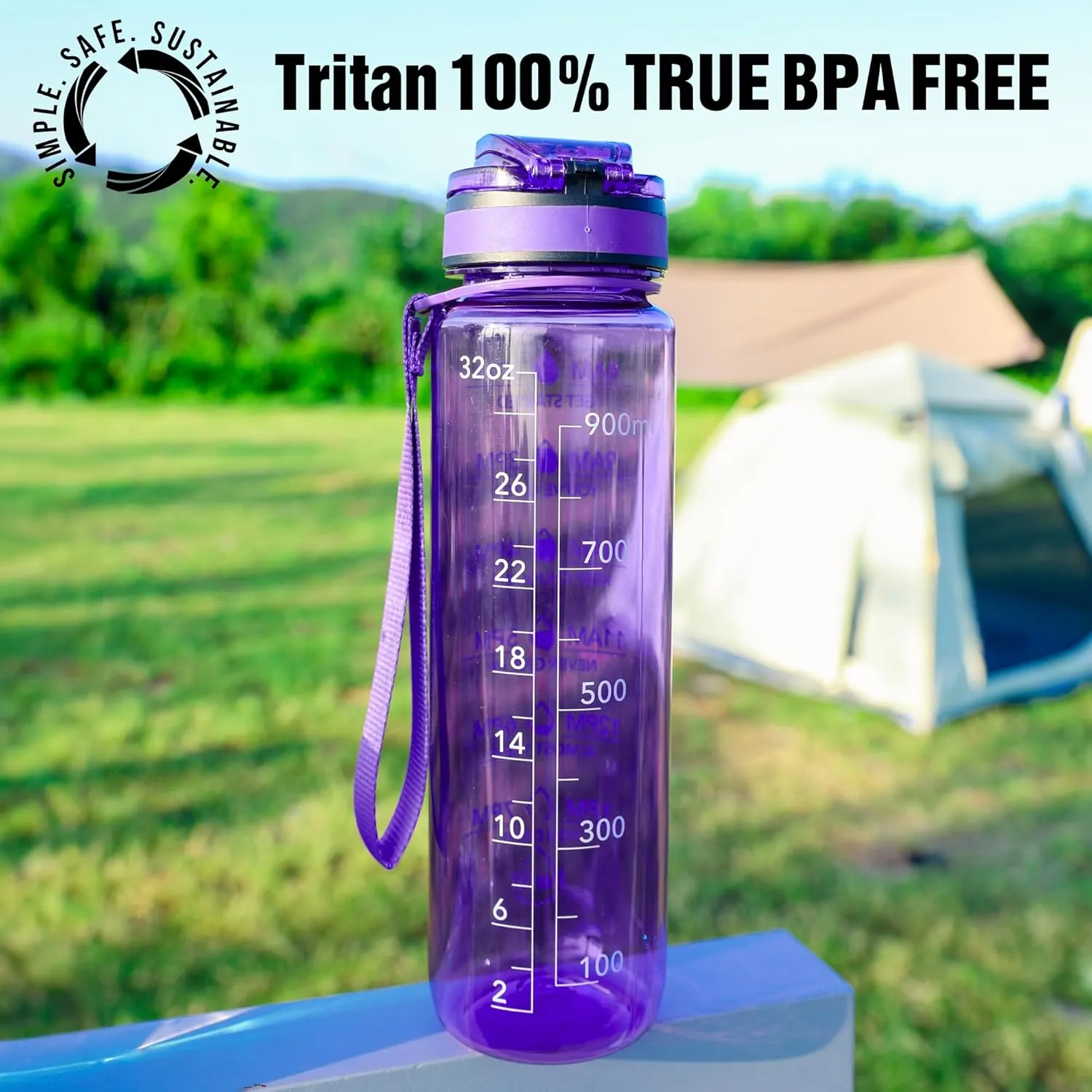 OLDLEY Water Bottle, 32oz Motivational Sports Water Bottle with Time Marker - Times to Drink - Tritan, BPA Free, Wide Mouth Leakproof, Deep Purple (1 Bottle)