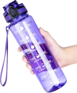 OLDLEY Water Bottle, 32oz Motivational Sports Water Bottle with Time Marker - Times to Drink - Tritan, BPA Free, Wide Mouth Leakproof, Deep Purple (1 Bottle)