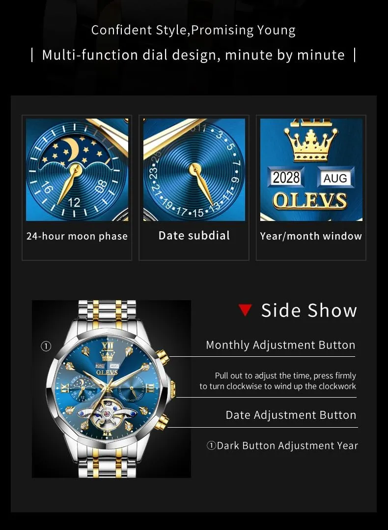 OLEVS Automatic Watches for Men Business Dress Watch Mechanical Stainless Steel Waterproof Self Winding Classic Date Luxury Diamond Men Wrist Watch